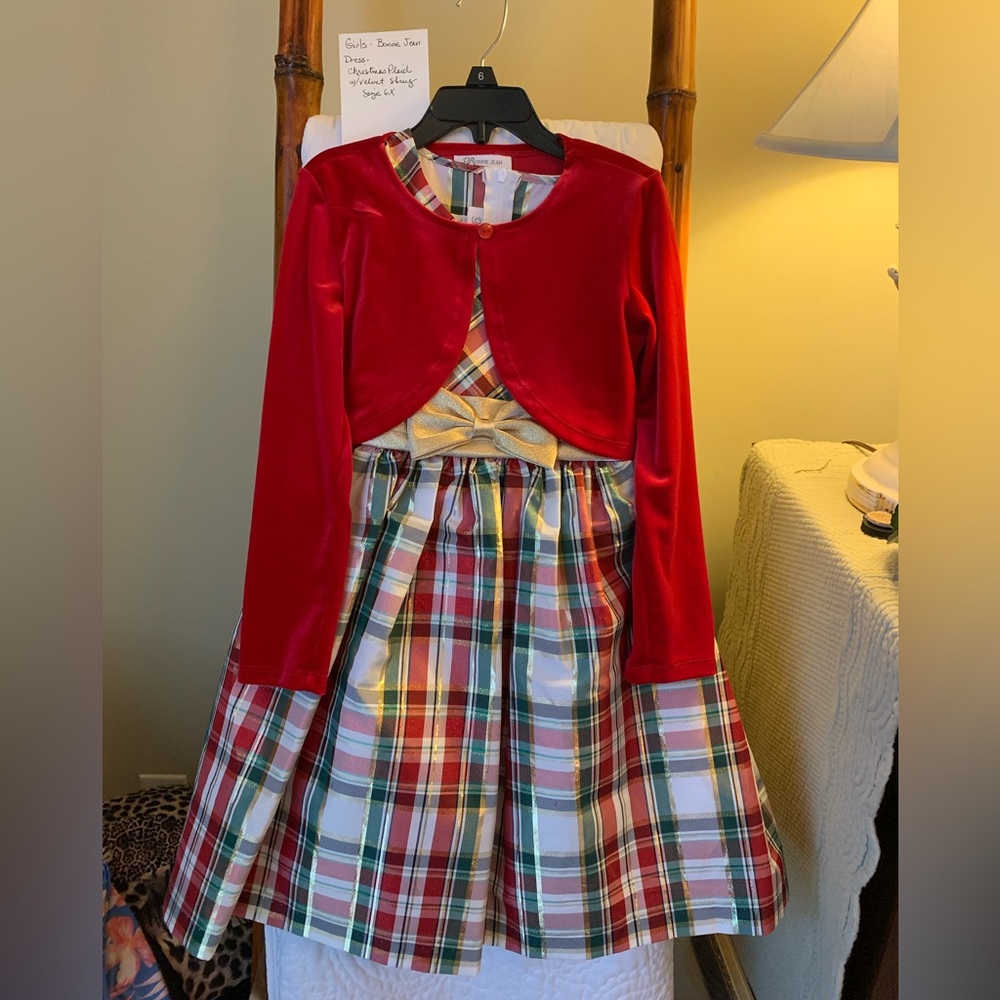 Girls - Bonnie Jean - Dress.  Plaid Dress with Velvet Shrug